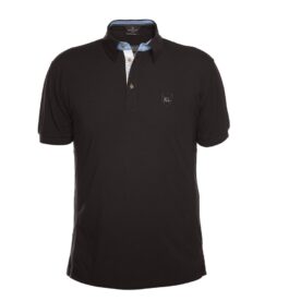 A black polo shirt with blue and white trim.