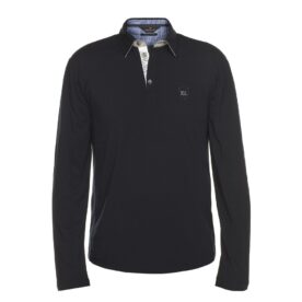 A black long sleeve polo shirt with a blue collar.