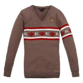 A brown sweater with red and white stripes on it.