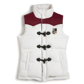 A white vest with red accents and black buttons.