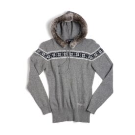 A gray sweater with fur trim on the hood.