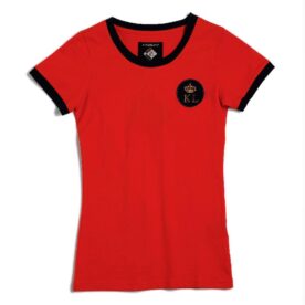 A red shirt with black trim and a patch on the chest.