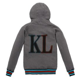 A gray hoodie with the letters kl on it.