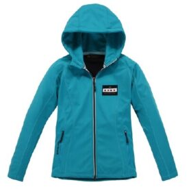 A blue jacket with a hood and a black lining.