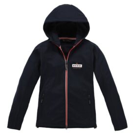 A black jacket with a hood and red piping.