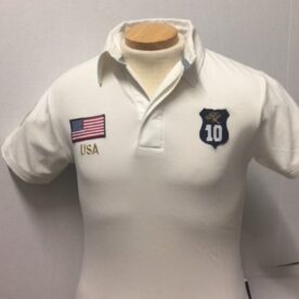 A white polo shirt with the number 1 0 on it.