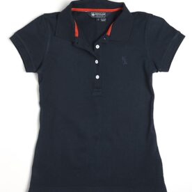 A black polo shirt with red trim on the collar.