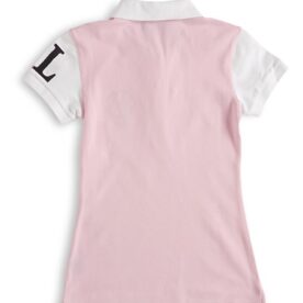 A pink polo shirt with white sleeves and black collar.