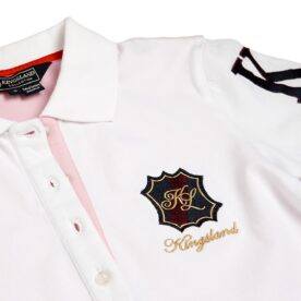 A white polo shirt with a black and red emblem.