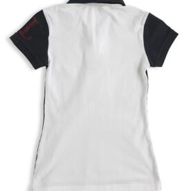 A white and black polo shirt with red lettering.