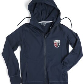 A navy blue hoodie with a crest on the front.