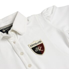 A white shirt with a black and red shield on the chest.