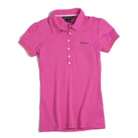 A pink polo shirt is shown on a white background.