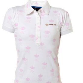 A white polo shirt with pink lips on it.