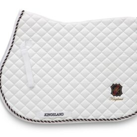 A white saddle pad with black trim and a brown horse.