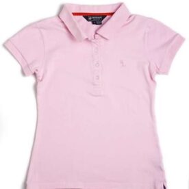 A pink polo shirt is shown on a white background.
