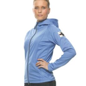 A woman in blue jacket posing for the camera.