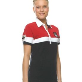 A woman wearing a red and black polo shirt.