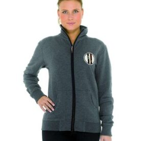 A woman wearing a gray jacket with a black and white logo.