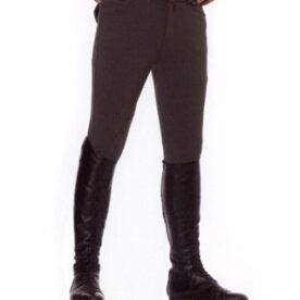 A person wearing black boots and brown pants.