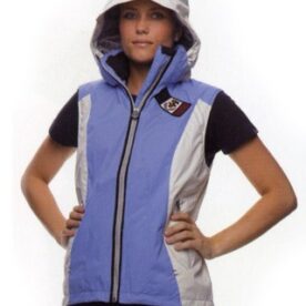 A woman wearing a blue and white vest with hood up.
