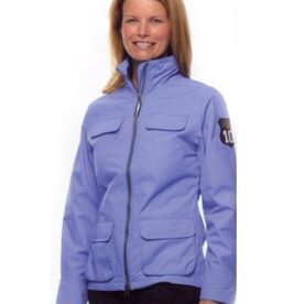 A woman wearing a blue jacket with two pockets.
