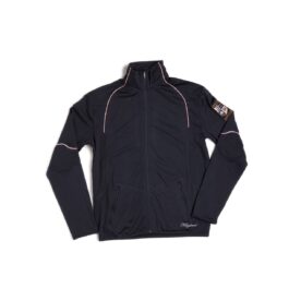 A black jacket with white and red piping.