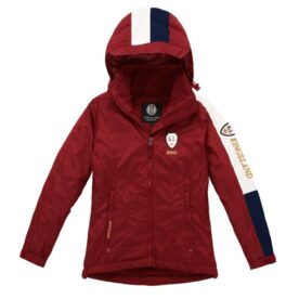 A red jacket with white and blue stripes on the side.