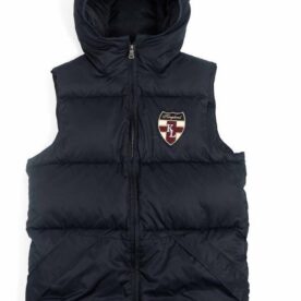 A black vest with a hood and a crest on the front.