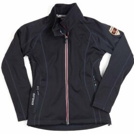 A black jacket with red and white stripes on the side.