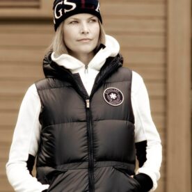 A woman wearing a black and white outfit