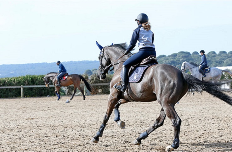 A woman riding on the back of a horse.