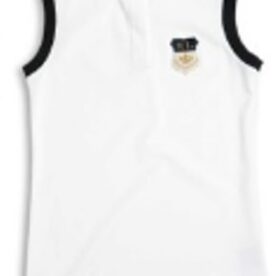 A white shirt with black trim and a bear patch.