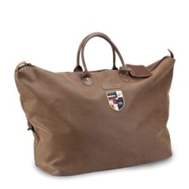 A brown bag with a crest on it.