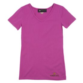 A pink t-shirt with a small logo on the front.