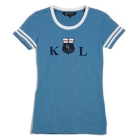 A blue shirt with white stripes on the bottom of it.