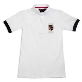 A white polo shirt with black trim and an image of a soccer ball.