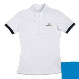 A white polo shirt with black trim and a logo on the front.