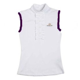 A white shirt with purple trim and a logo on the front.