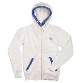A white hoodie with blue trim and an orange zipper.