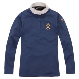 A blue long sleeve shirt with a white collar.