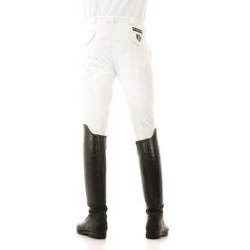 A person wearing white pants and black boots.
