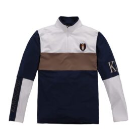 A white, blue and brown jacket with a logo on the front.