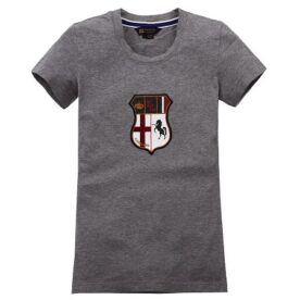 A gray t-shirt with an emblem on the front.