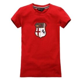 A red t-shirt with a shield on the front.