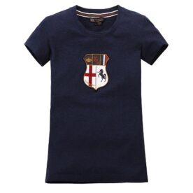 A navy blue t-shirt with an emblem on the front.