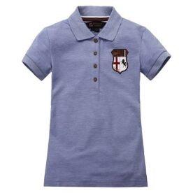 A blue polo shirt with a crest on the chest.