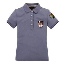 A polo shirt with a patch on the chest.