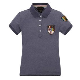 A polo shirt with a patch on the chest.