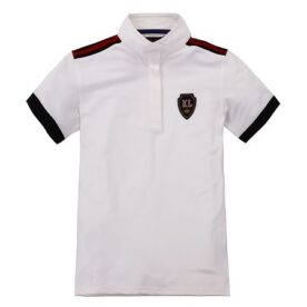 A white polo shirt with black and red trim.